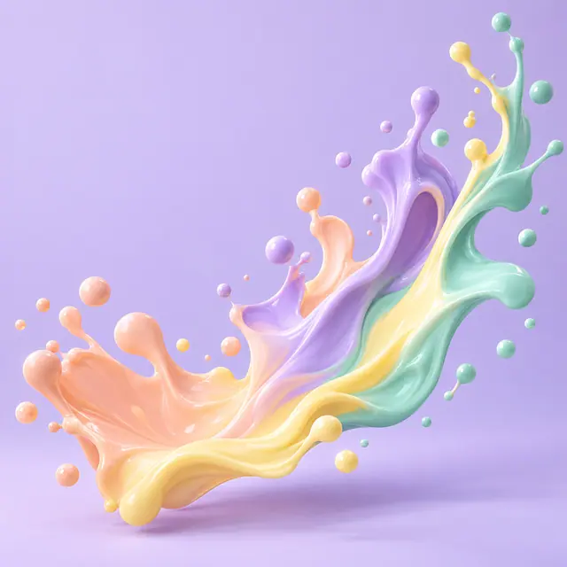 Respingo de tinta 3D em tons pastel com gotas suspensas sobre fundo lilás e sombras suaves.