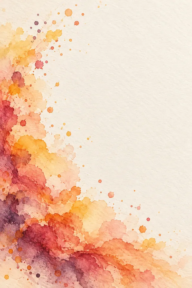 Aquarela em amarelo, coral e ameixa nas bordas esquerda e inferior de papel marfim texturizado, com centro claro.