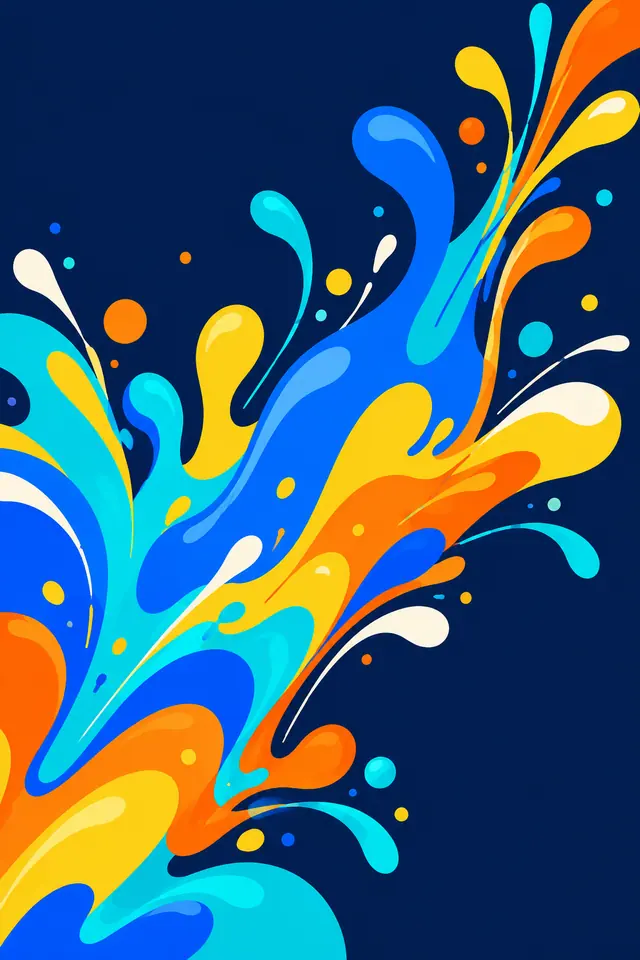Respingos abstratos em azul, turquesa, amarelo, laranja e marfim sobre fundo azul-marinho.