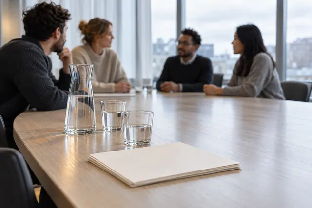 Quatro colegas desfocados em reunião, com jarra, copos de água e folhas em branco em foco sobre a mesa.