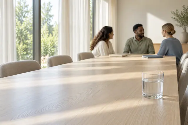 Três colegas conversam ao fundo de um escritório claro, com mesa de madeira e copo de água em primeiro plano.