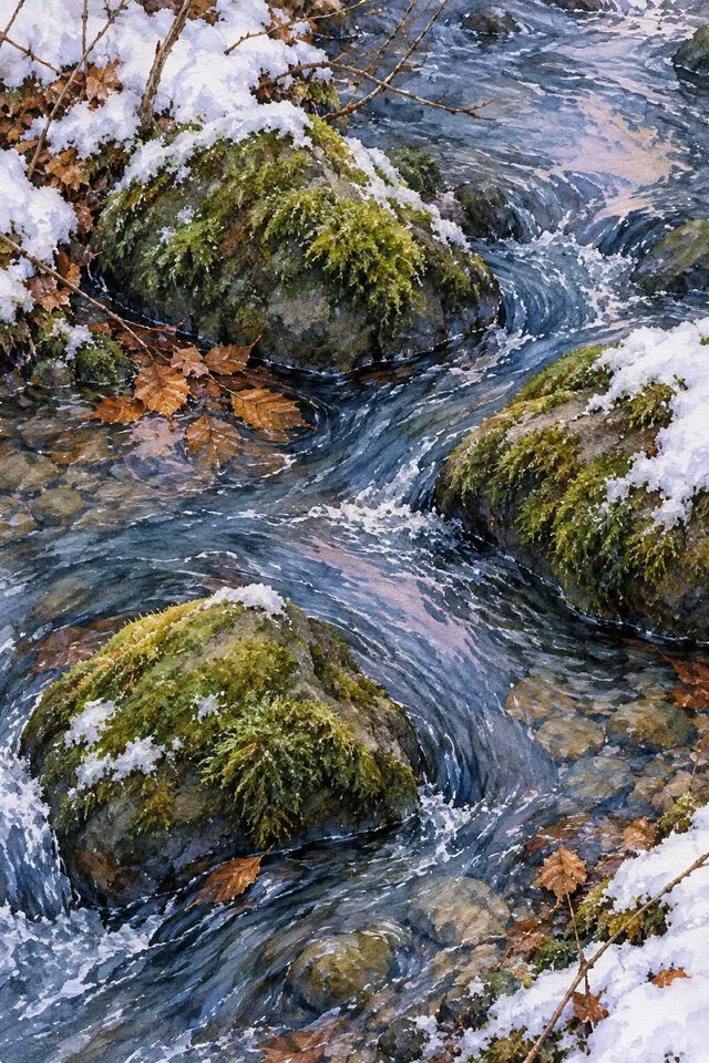 Aquarela de riacho azulado entre pedras com musgo e neve, folhas acobreadas e galhos nus.