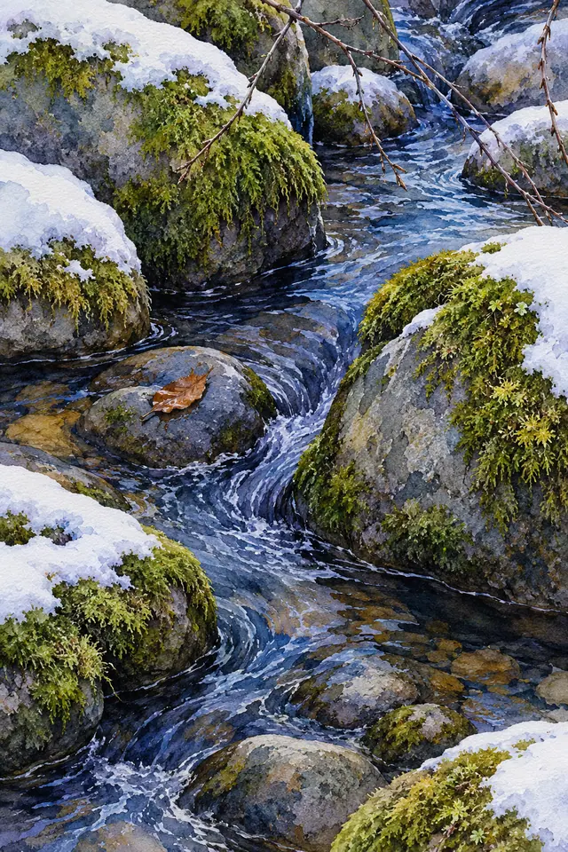 Aquarela de riacho azul entre pedras com musgo e neve, com galhos nus e uma folha castanha sobre uma rocha.