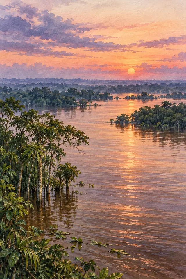 Aquarela do Rio Amazonas ao pôr do sol, com reflexos dourados, floresta alagada e nuvens lilases.