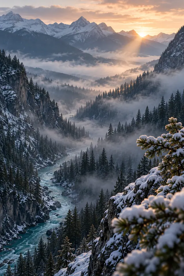 Rio azulado entre penhascos e pinheiros nevados, com névoa no vale e sol nascendo atrás das montanhas.