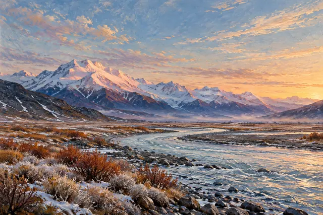 Pintura a óleo de rio sinuoso entre montanhas nevadas, arbustos avermelhados e céu dourado e rosado ao amanhecer.
