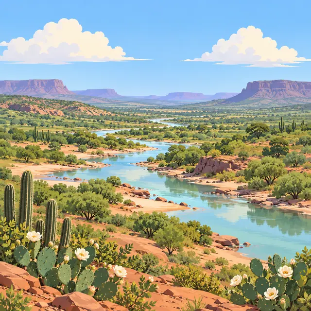Rio sinuoso entre a vegetação verde da Caatinga, com cactos floridos à frente e chapadas sob céu azul.