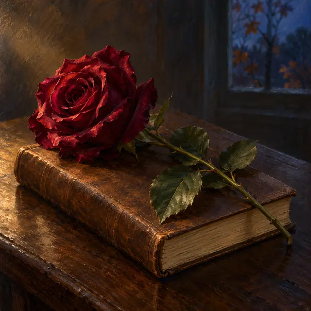 Pintura a óleo de rosa bordô sobre livro antigo em mesa de madeira, com janela azulada ao fundo.