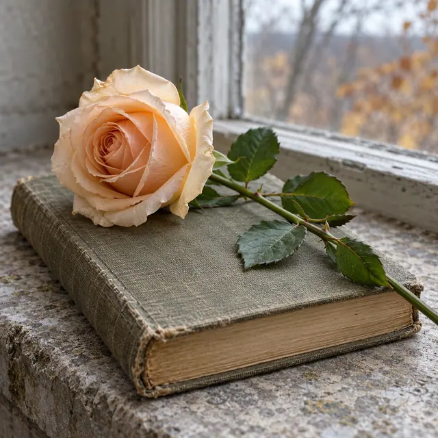 Rosa em tom de pêssego com folhas verdes sobre livro antigo fechado, em um peitoril de pedra à luz da janela.