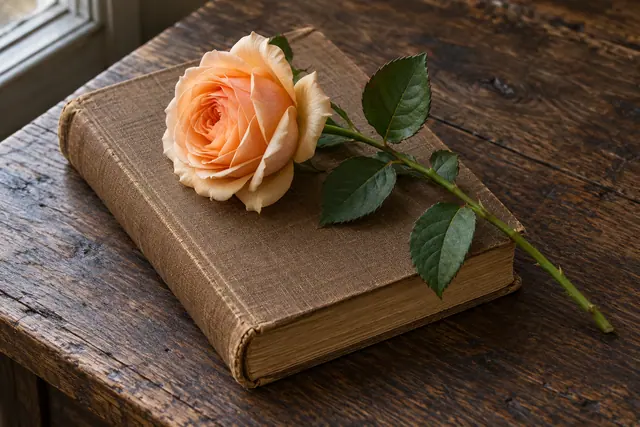 Rosa em tom de pêssego sobre livro antigo de capa marrom em mesa de madeira iluminada pela janela.
