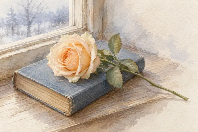 Aquarela de uma rosa em tom de pêssego sobre um livro antigo azul no parapeito de uma janela.