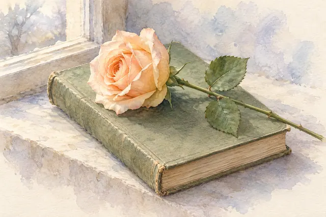 Aquarela de rosa pêssego sobre livro antigo de capa verde no parapeito de uma janela, com luz suave.