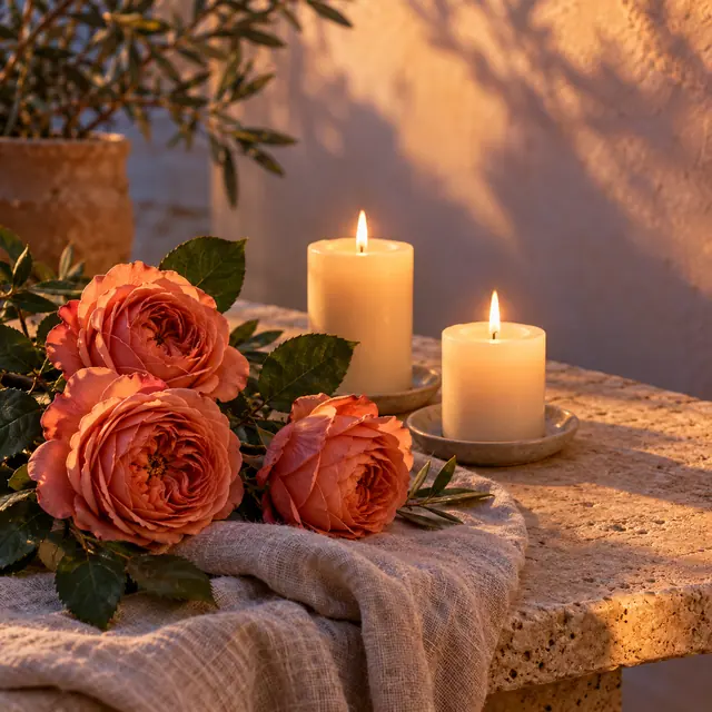 Rosas corais sobre tecido claro e duas velas acesas em mesa de pedra, com luz dourada e sombras de folhagens.