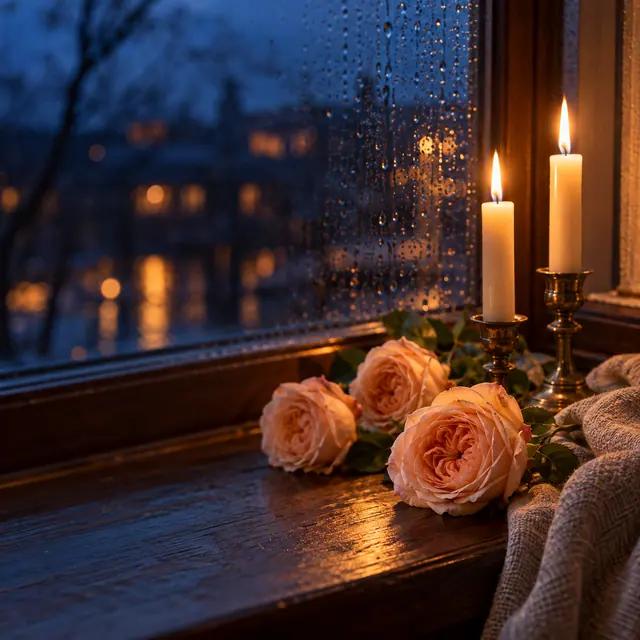 Rosas cor de pêssego e duas velas acesas no peitoril de uma janela com gotas de chuva ao anoitecer.