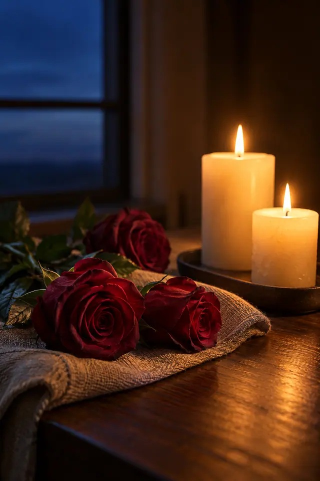 Três rosas vermelhas sobre linho ao lado de duas velas acesas, com uma janela azulada ao fundo.