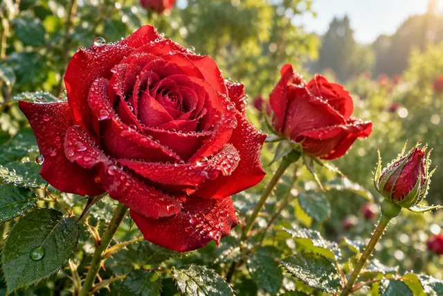 Rosas vermelhas e um botão com gotas de orvalho entre folhas verdes, iluminados pela luz da manhã no jardim.