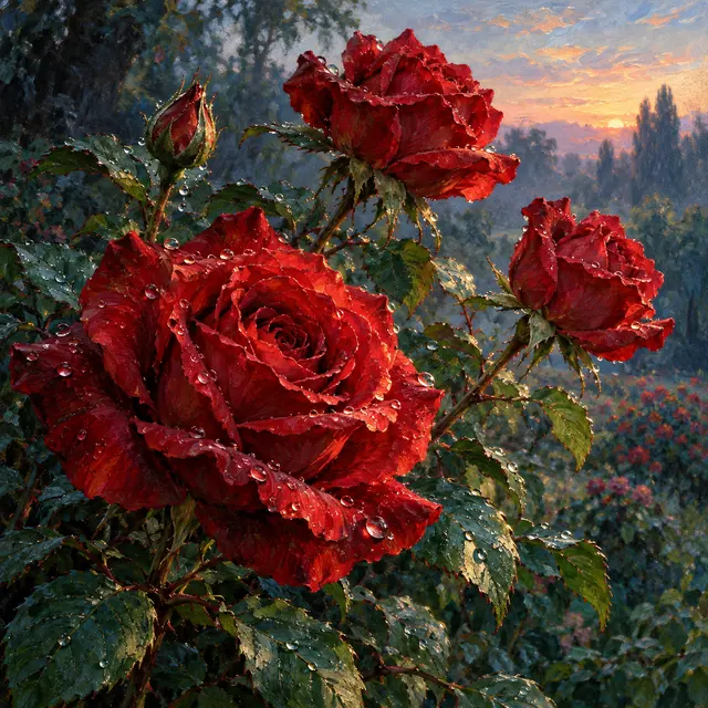 Pintura a óleo de rosas vermelhas com gotas de orvalho entre folhas verdes em um jardim ao amanhecer.