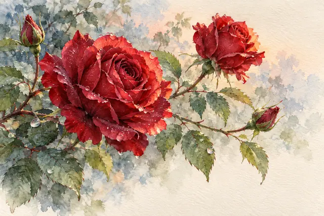 Aquarela de rosas vermelhas com gotas de orvalho, botões e folhas verdes sobre fundo claro de papel texturizado.