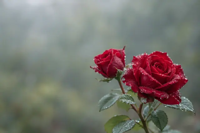 Duas rosas vermelhas cobertas de orvalho, com folhas verdes e fundo de jardim desfocado em tons suaves.