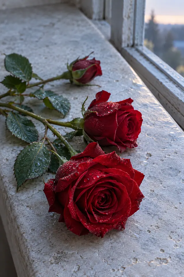 Três rosas vermelhas com gotas de orvalho sobre um parapeito de pedra clara, iluminadas pela luz do amanhecer.