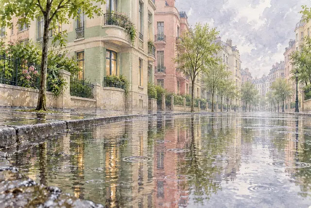 Aquarela de rua arborizada na chuva, com prédios em tons pastel e reflexos nas poças vistas junto ao meio-fio.