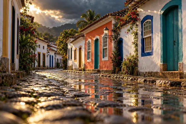 Rua de pedras molhadas entre casas coloniais coloridas, com flores e luz dourada sob nuvens escuras em Paraty.