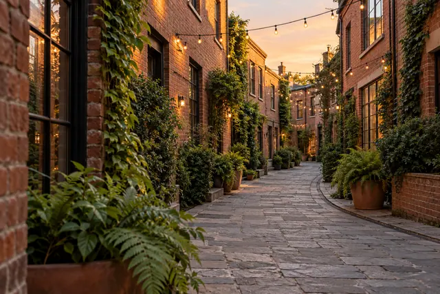 Rua de pedras entre casas de tijolos, com cordões de luzes, trepadeiras e vasos de samambaias ao entardecer.