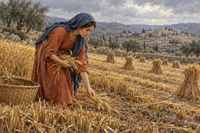 Rute recolhe trigo ao lado de um cesto, com feixes, oliveiras e um povoado ao fundo, em pintura clássica.