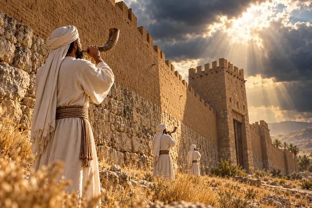 Três sacerdotes tocam chifres diante das muralhas de Jericó sob raios de sol que atravessam nuvens escuras.