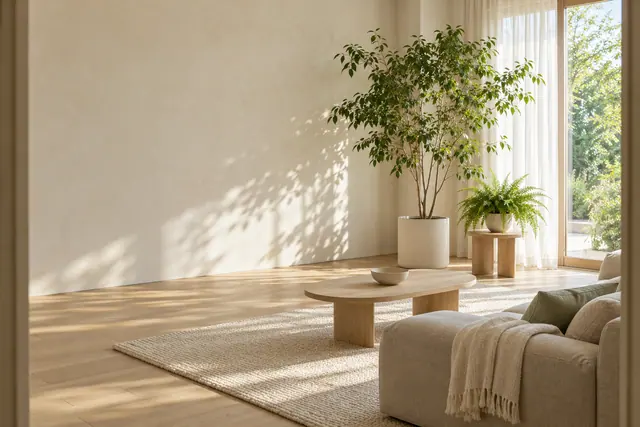 Sala clara com sofá bege, mesas de madeira, plantas junto à janela e sombras de folhas na parede.