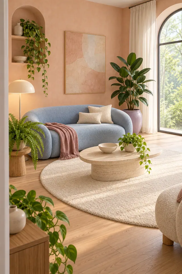 Sala em 3D com sofá azul, plantas, mesa oval de pedra e tapete claro junto à janela em arco.