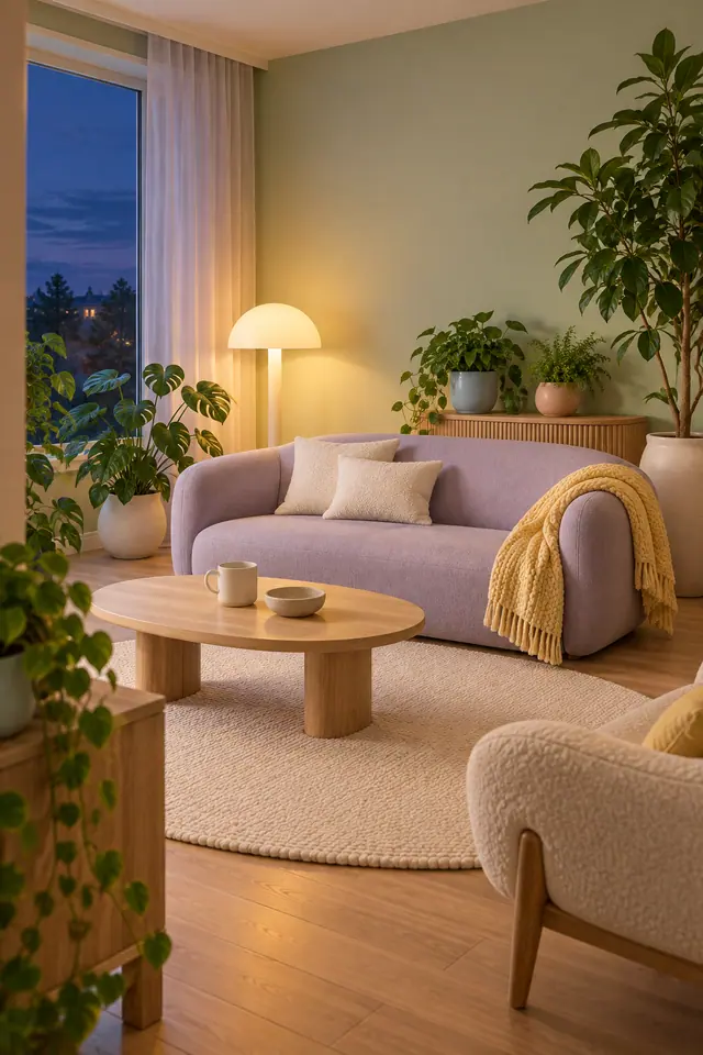 Sala com sofá lavanda, manta amarela, plantas em vasos e mesa de madeira sob luz quente ao anoitecer.