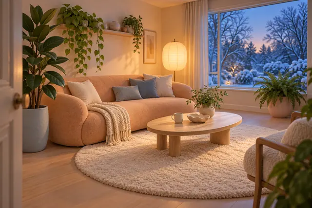 Sala com sofá pêssego, plantas, mesa oval e luminária acesa diante de uma janela com jardim nevado.