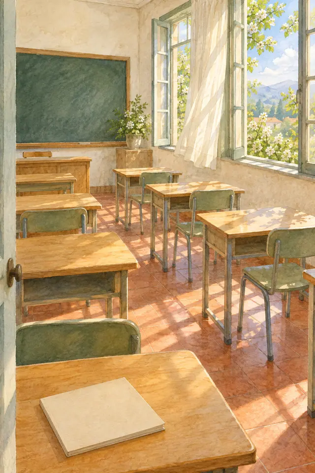 Aquarela de sala de aula vazia com carteiras de madeira, lousa verde e janelas abertas para árvores floridas.