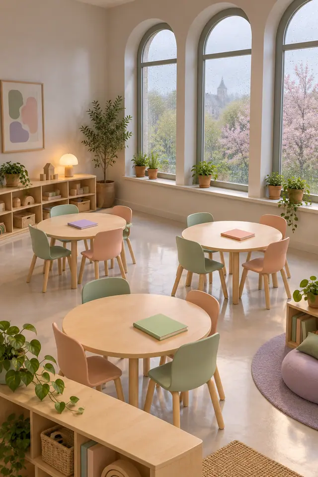 Sala de aula vazia em 3D com mesas redondas, cadeiras pastel, plantas e janelas em arco numa manhã chuvosa.