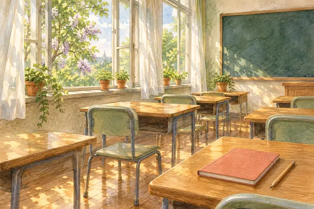 Aquarela de sala de aula vazia, com carteiras de madeira, caderno coral e plantas junto às janelas iluminadas.