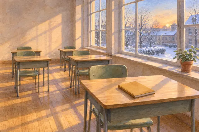Aquarela de sala de aula vazia com carteiras de madeira, caderno e luz dourada diante de janelas com vista para a neve.