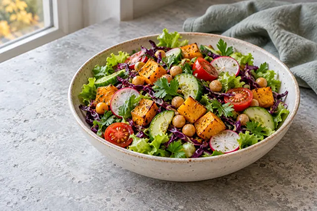 Salada de folhas, legumes, abóbora assada e grão-de-bico em tigela de cerâmica sobre mesa de pedra junto à janela.