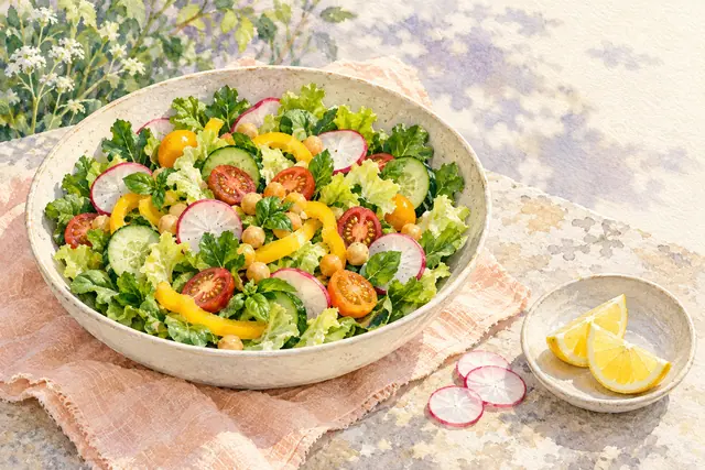 Aquarela de salada colorida em tigela de cerâmica sobre tecido pêssego, com limão e rodelas de rabanete ao lado.