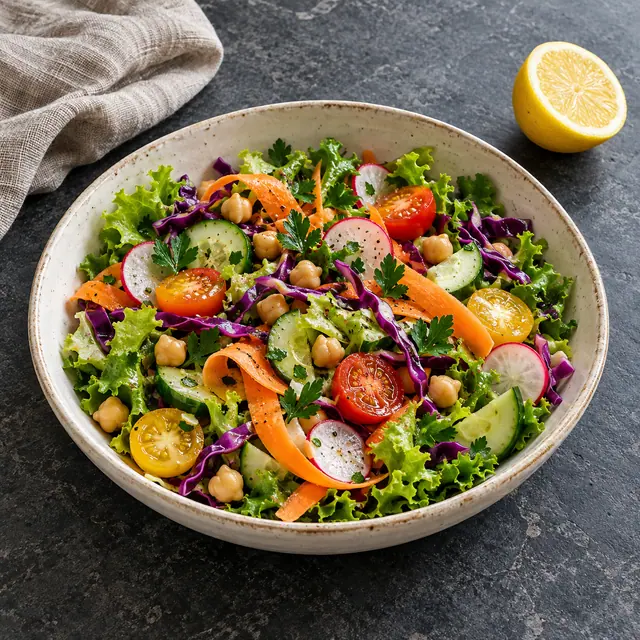 Salada colorida com grão-de-bico, folhas e legumes em tigela clara sobre bancada escura, ao lado de meio limão.