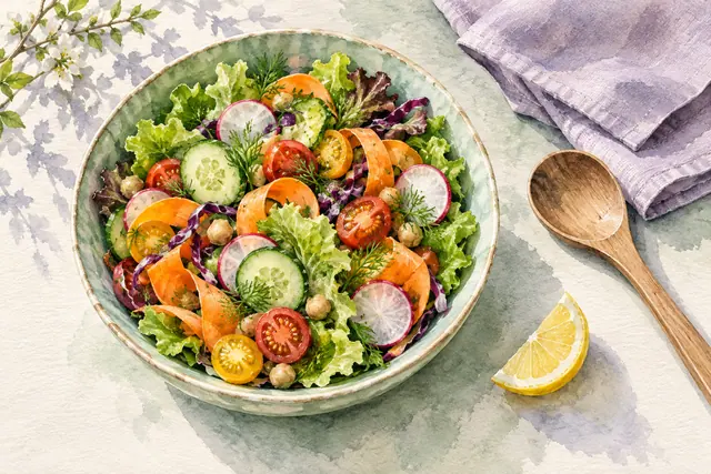 Aquarela de salada colorida em tigela verde, com colher de madeira, limão, guardanapo lilás e ramo florido.