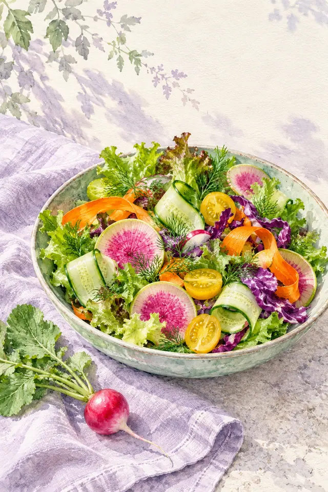 Aquarela de salada com folhas, rabanetes, pepino, cenoura e tomates amarelos em tigela verde sobre tecido lilás.