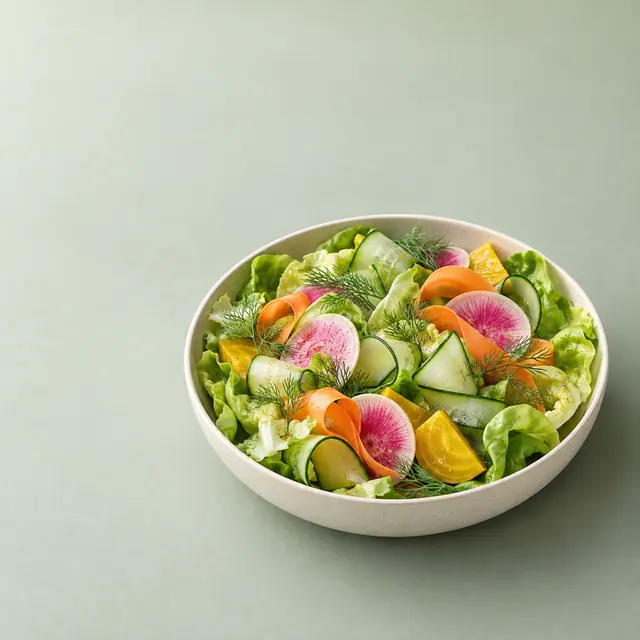 Tigela clara com alface, pepino, cenoura, rabanetes e beterraba amarela sobre fundo verde suave.