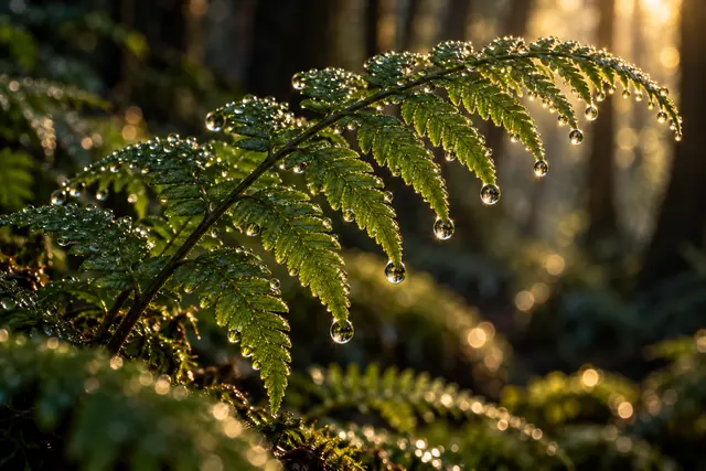 Folhas de samambaia com gotas de orvalho reluzentes sob luz dourada, diante de uma floresta desfocada.