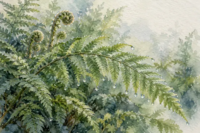 Aquarela de samambaias com gotas de orvalho, brotos enrolados e fundo suave em papel texturizado.
