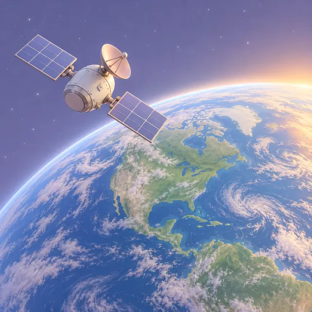 Satélite com painéis lilases sobre a Terra, com nuvens e continentes iluminados pelo amanhecer em renderização 3D.