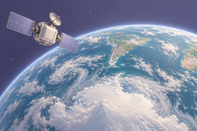 Satélite com painéis lilases em órbita sobre a Terra, com nuvens e a Antártida em destaque, em renderização 3D.