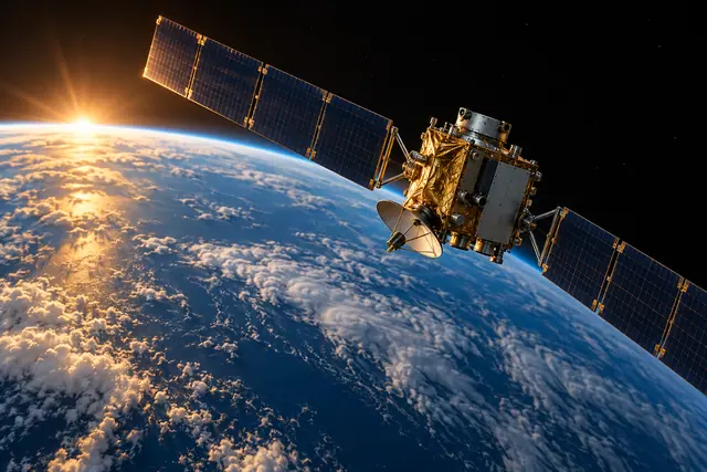 Satélite com painéis solares azuis sobre a Terra, com nuvens e luz dourada do sol no horizonte.