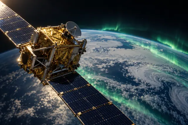 Satélite dourado com painéis solares azuis em órbita da Terra, com nuvens e aurora verde ao fundo.