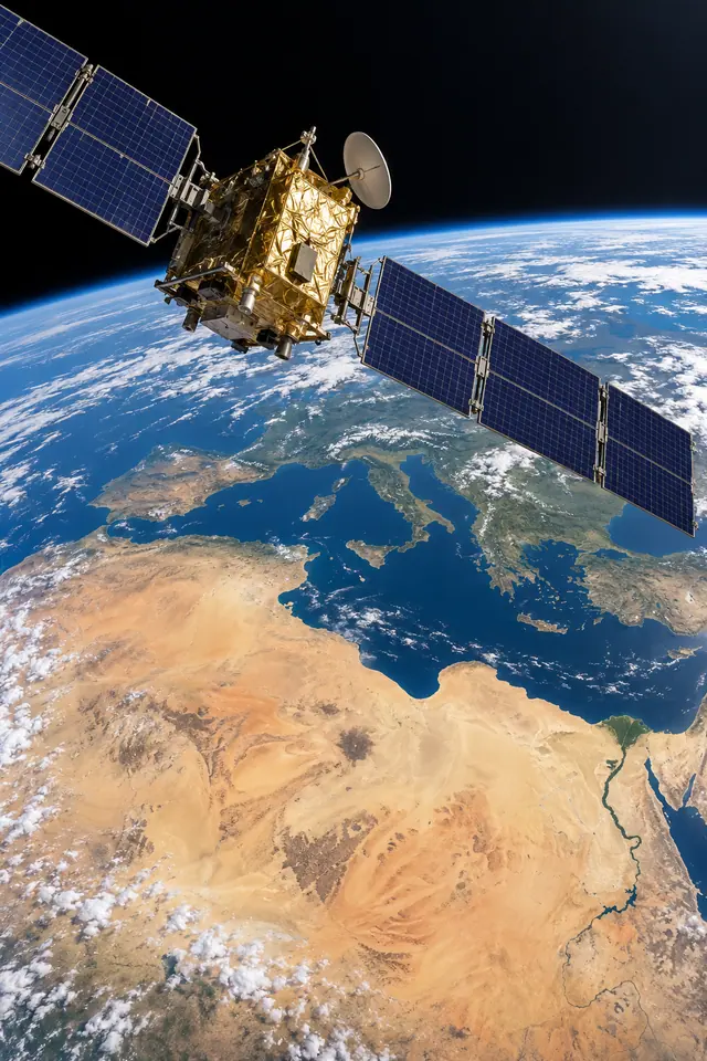 Satélite com painéis solares azuis sobre a Terra, com o Mediterrâneo, o Saara e a curvatura da atmosfera ao fundo.